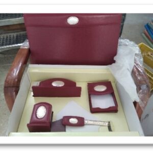 04SETF - SET SCRIVANIA PELLE ROSSA  ARGENTO OTTAV 5 PEZZI